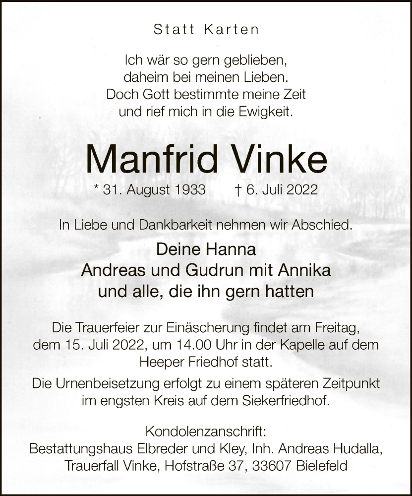  Traueranzeige für Manfrid Vinke vom 13.07.2022 aus Neue Westfälische