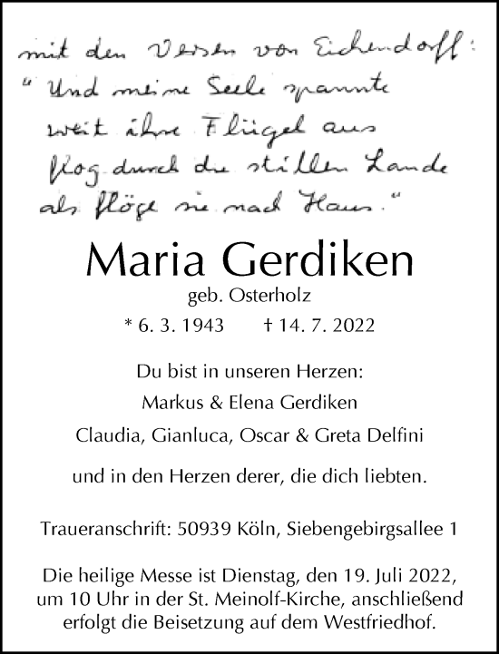 Traueranzeige von Maria Gerdiken von Neue Westfälische