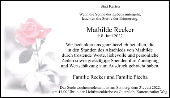Traueranzeige von Mathilde Recker von Neue Westfälische