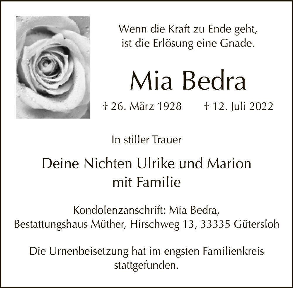  Traueranzeige für Mia Bedra vom 30.07.2022 aus Neue Westfälische