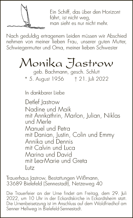 Traueranzeige von Monika Jastrow von Neue Westfälische