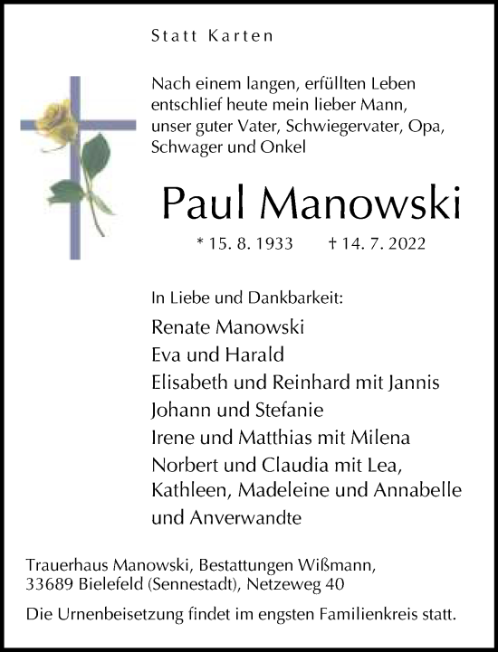 Traueranzeige von Paul Manowski von Neue Westfälische