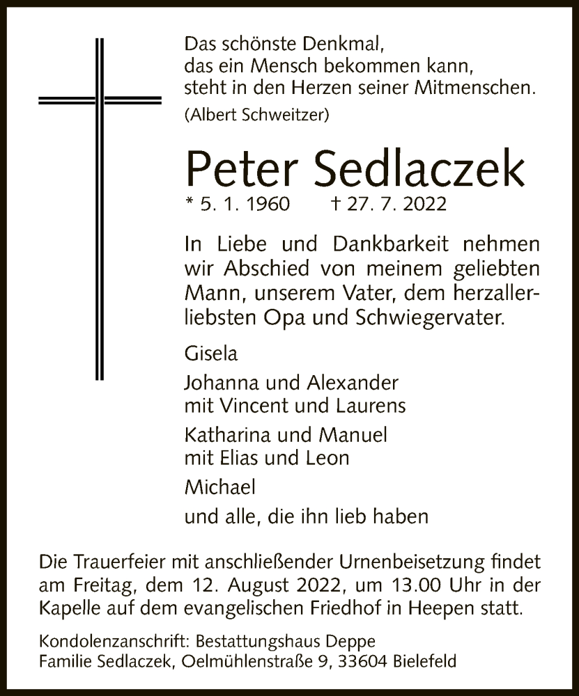  Traueranzeige für Peter Sedlaczek vom 30.07.2022 aus Neue Westfälische