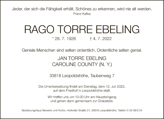 Traueranzeige von Rago Torre Ebeling von Neue Westfälische