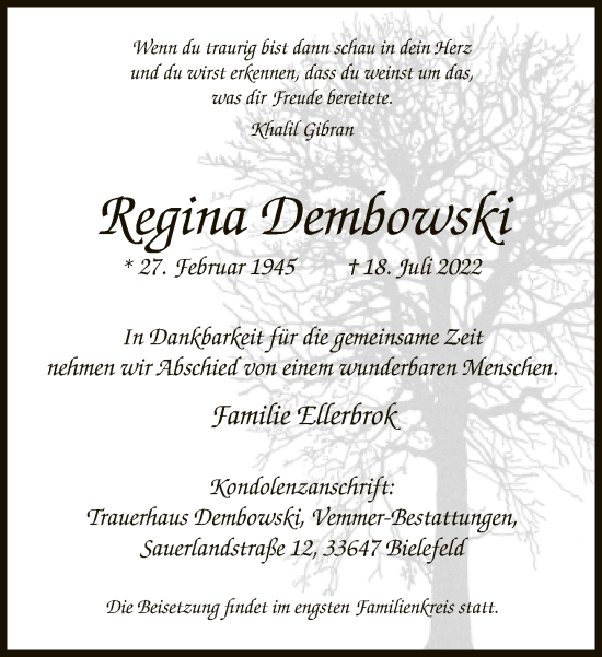 Traueranzeige von Regina Dembowski von Neue Westfälische