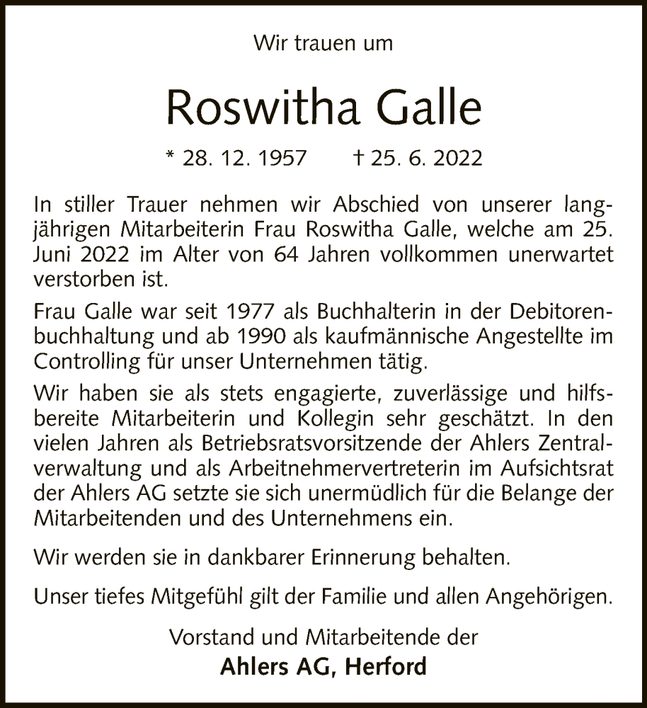  Traueranzeige für Roswitha Galle vom 09.07.2022 aus Neue Westfälische