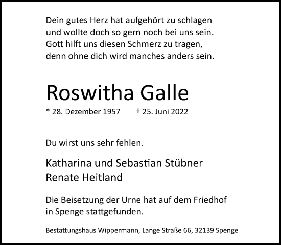 Traueranzeige von Roswitha Galle von Neue Westfälische