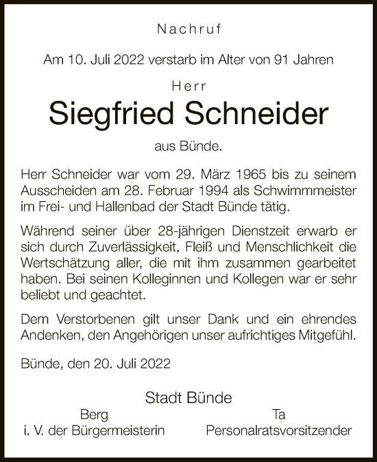 Traueranzeige von Siegfried Schneider von Neue Westfälische
