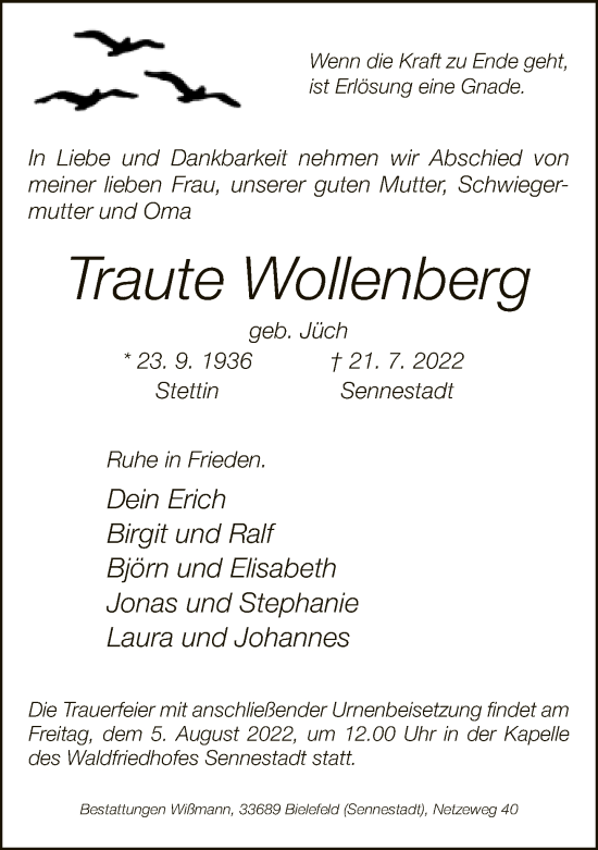 Traueranzeige von Traute Wollenberg von Neue Westfälische