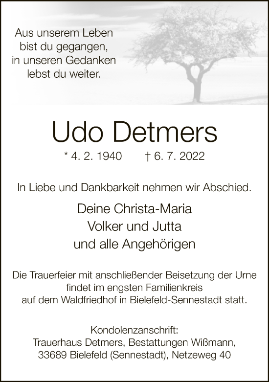 Traueranzeige von Udo Detmers von Neue Westfälische