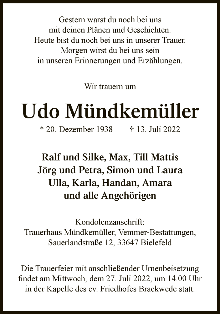  Traueranzeige für Udo Mündkemüller vom 23.07.2022 aus Neue Westfälische