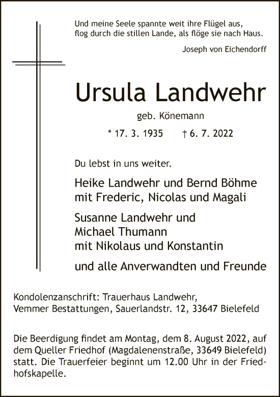 Traueranzeige von Ursula Landwehr von Neue Westfälische