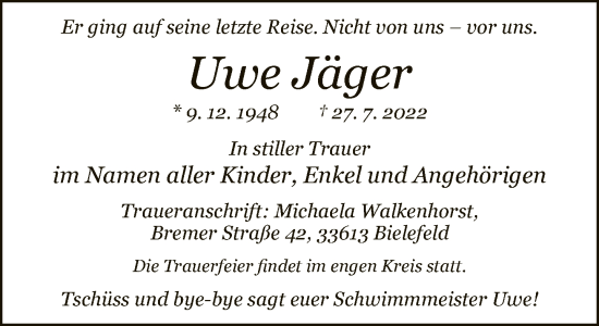Traueranzeige von Uwe Jäger von Neue Westfälische