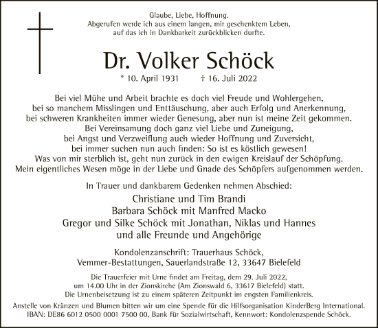 Traueranzeige von Volker Schöck von Neue Westfälische