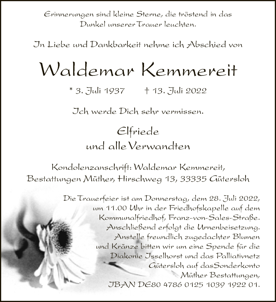  Traueranzeige für Waldemar Kemmereit vom 23.07.2022 aus Neue Westfälische