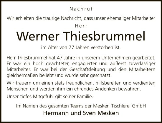 Traueranzeige von Werner Thiesbrummel von Neue Westfälische