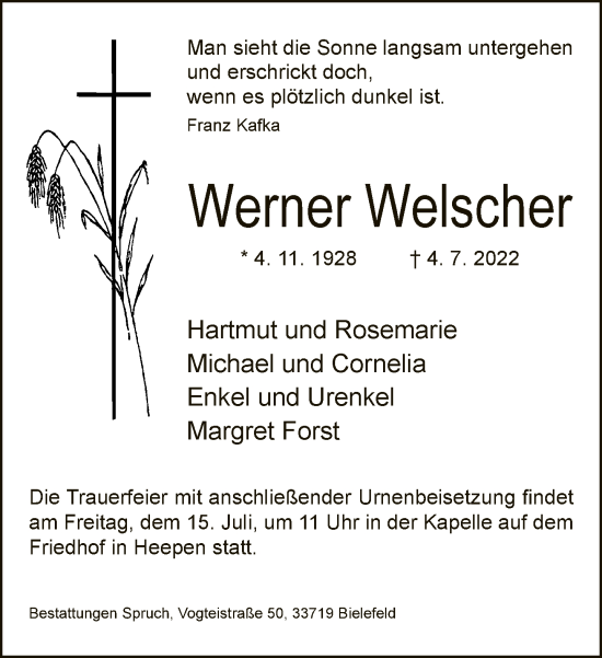 Traueranzeige von Werner Welscher von Neue Westfälische