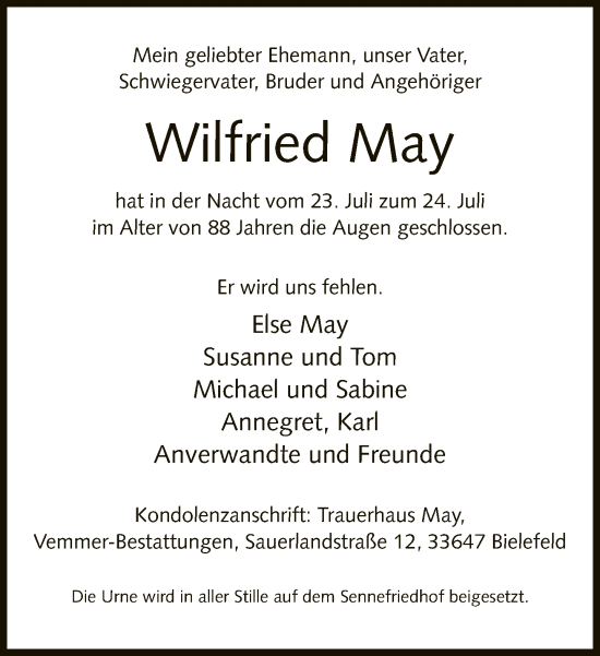 Traueranzeige von Wilfried May von Neue Westfälische