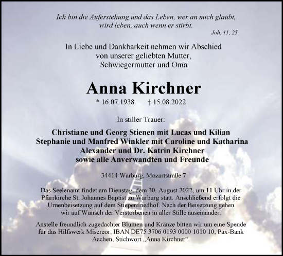 Traueranzeige von Anna Kirchner von Neue Westfälische