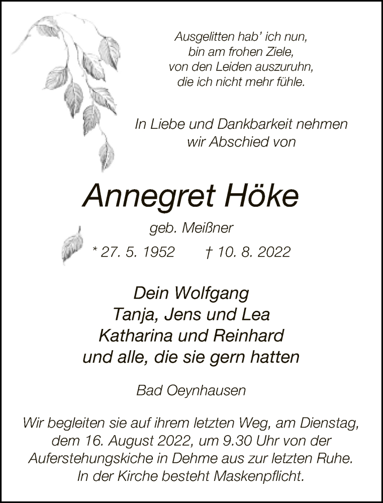  Traueranzeige für Annegret Höke vom 13.08.2022 aus Neue Westfälische