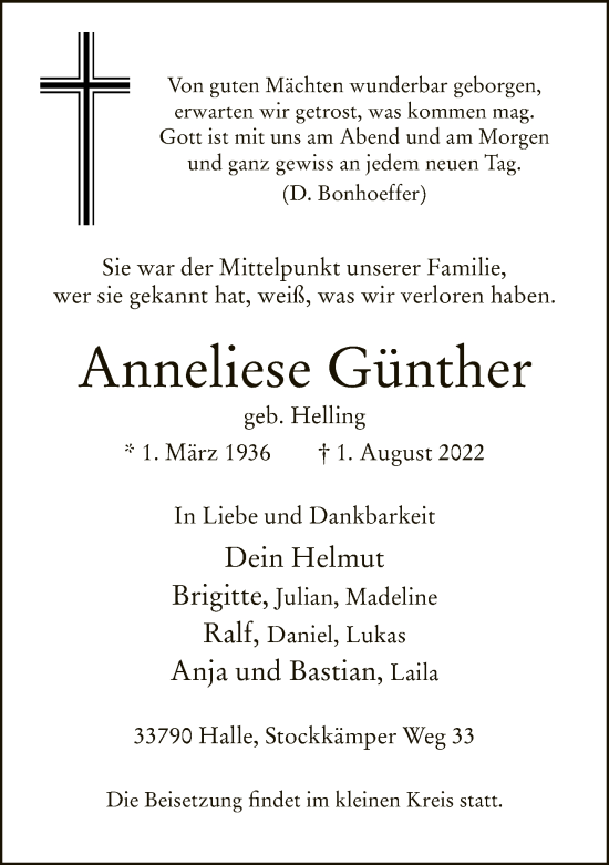 Traueranzeige von Anneliese Günther von Neue Westfälische