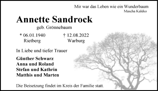 Traueranzeige von Annette Sandrock von Neue Westfälische