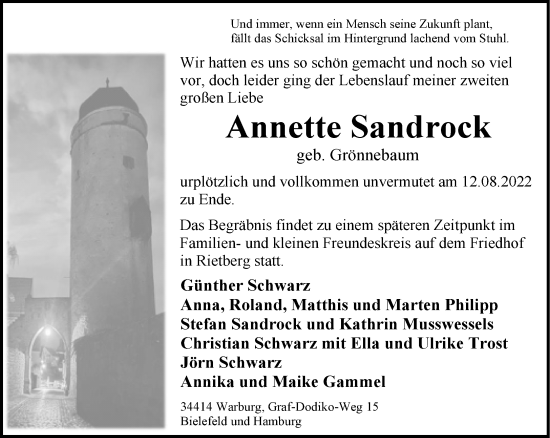 Traueranzeige von Annette Sandrock von Neue Westfälische