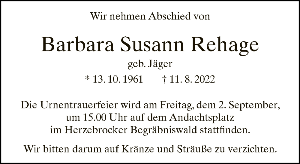  Traueranzeige für Barbara Susann Rehage vom 20.08.2022 aus Neue Westfälische