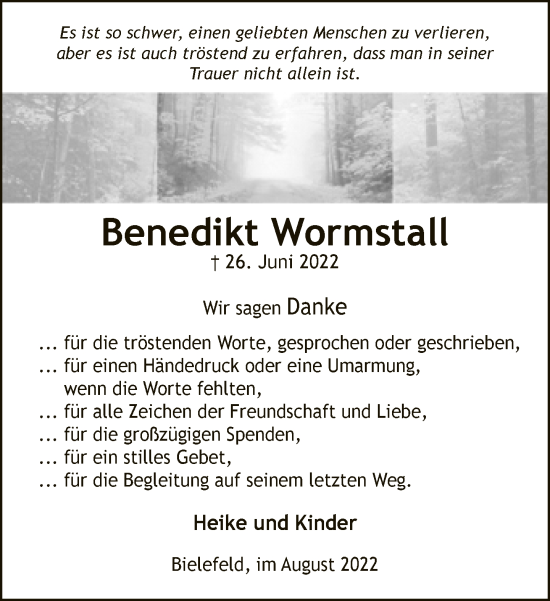 Traueranzeige von Benedikt Wormstall von Neue Westfälische