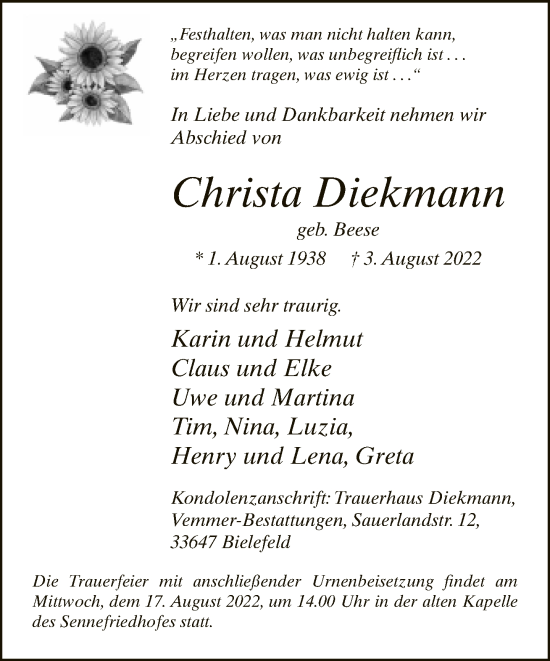 Traueranzeige von Christa Diekmann von Neue Westfälische