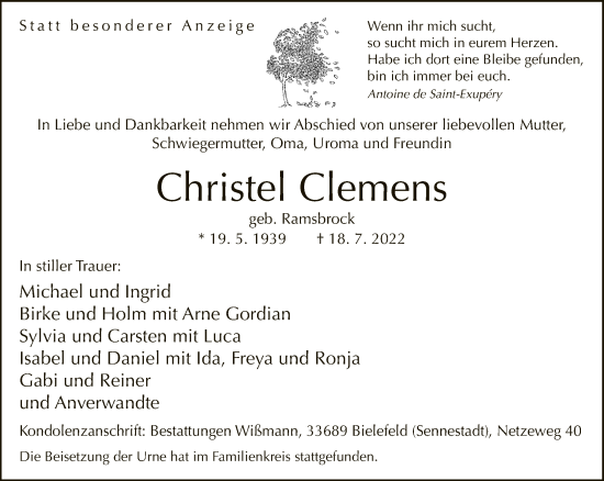 Traueranzeige von Christel Clemens von Neue Westfälische