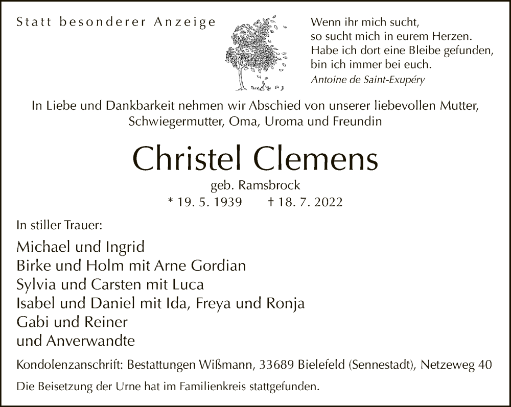  Traueranzeige für Christel Clemens vom 06.08.2022 aus Neue Westfälische