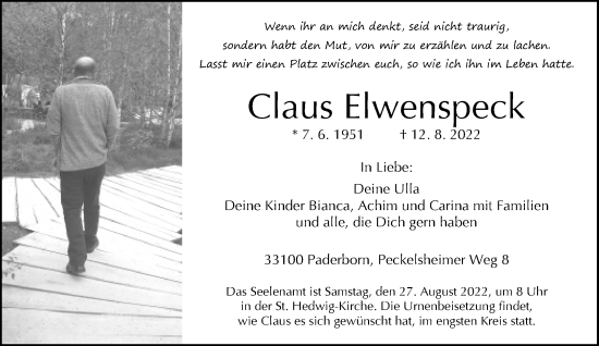 Traueranzeige von Claus Elwenspeck von Neue Westfälische