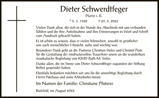 Traueranzeige von Dieter Schwerdtfeger von Neue Westfälische