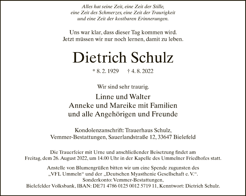  Traueranzeige für Dietrich Schulz vom 06.08.2022 aus Neue Westfälische