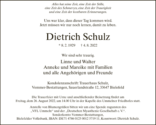 Traueranzeige von Dietrich Schulz von Neue Westfälische