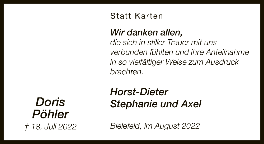 Traueranzeige für Doris Pöhler vom 27.08.2022 aus Neue Westfälische
