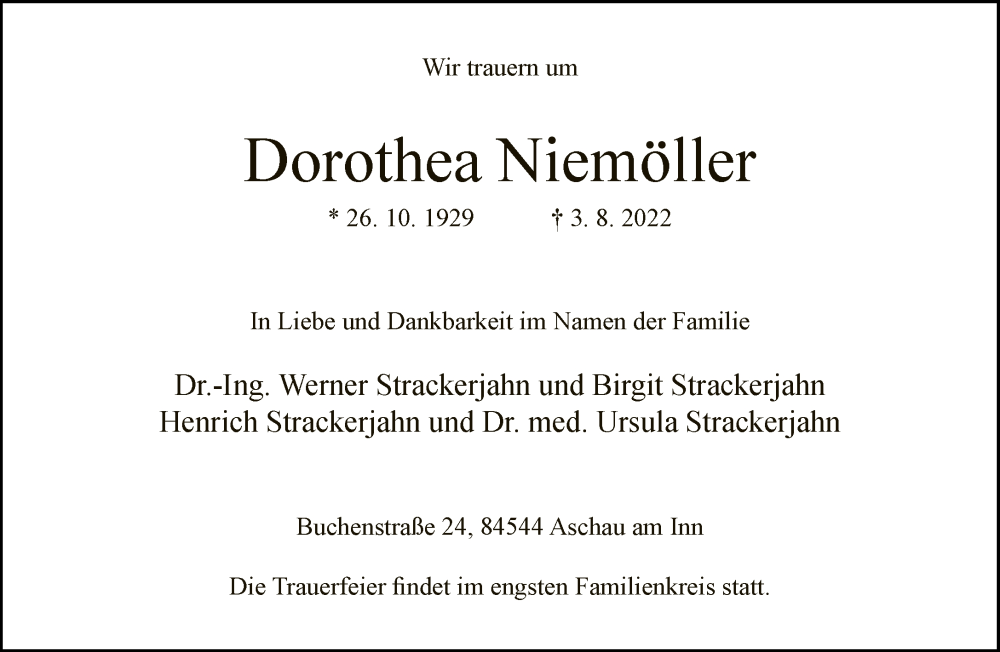  Traueranzeige für Dorothea Niemöller vom 10.08.2022 aus Neue Westfälische