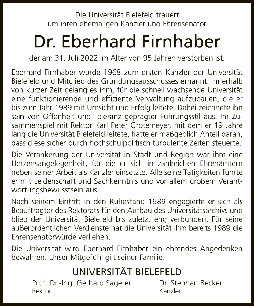  Traueranzeige für Eberhard Firnhaber vom 06.08.2022 aus Neue Westfälische