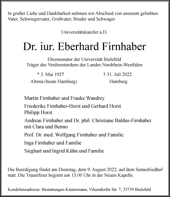 Traueranzeige von Eberhard Firnhaber von Neue Westfälische