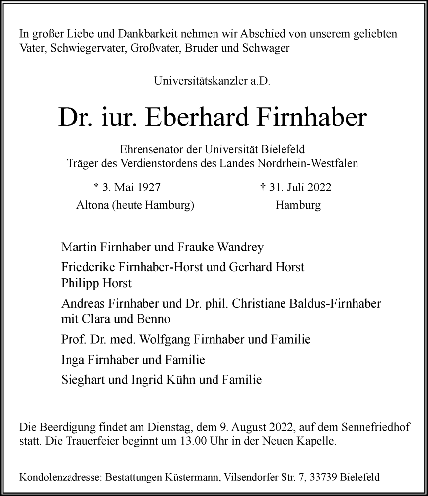  Traueranzeige für Eberhard Firnhaber vom 03.08.2022 aus Neue Westfälische