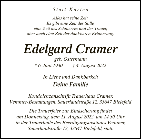 Traueranzeige von Edelgard Cramer von Neue Westfälische
