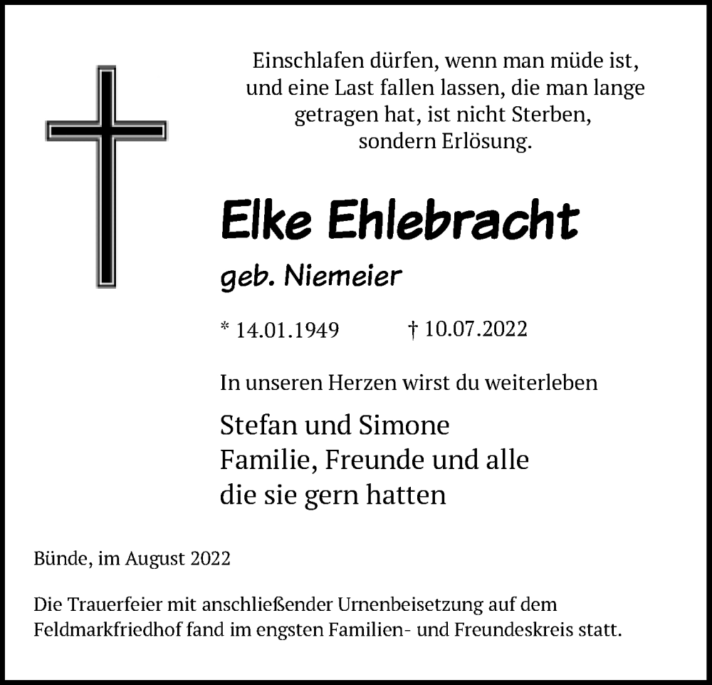  Traueranzeige für Elke Ehlebracht vom 27.08.2022 aus Neue Westfälische