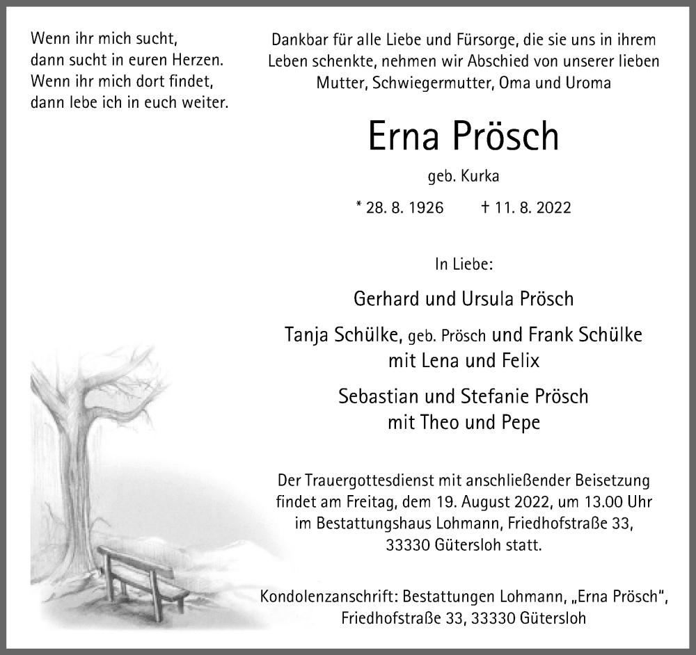  Traueranzeige für Erna Prösch vom 13.08.2022 aus Neue Westfälische