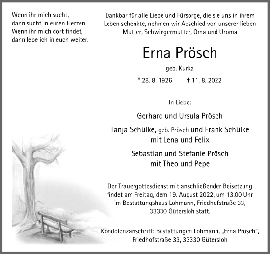 Traueranzeige von Erna Prösch von Neue Westfälische