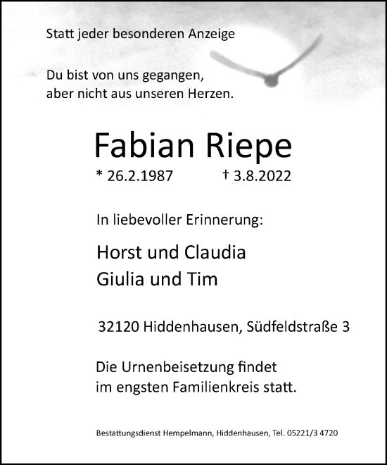 Traueranzeige von Fabian Riepe von Neue Westfälische