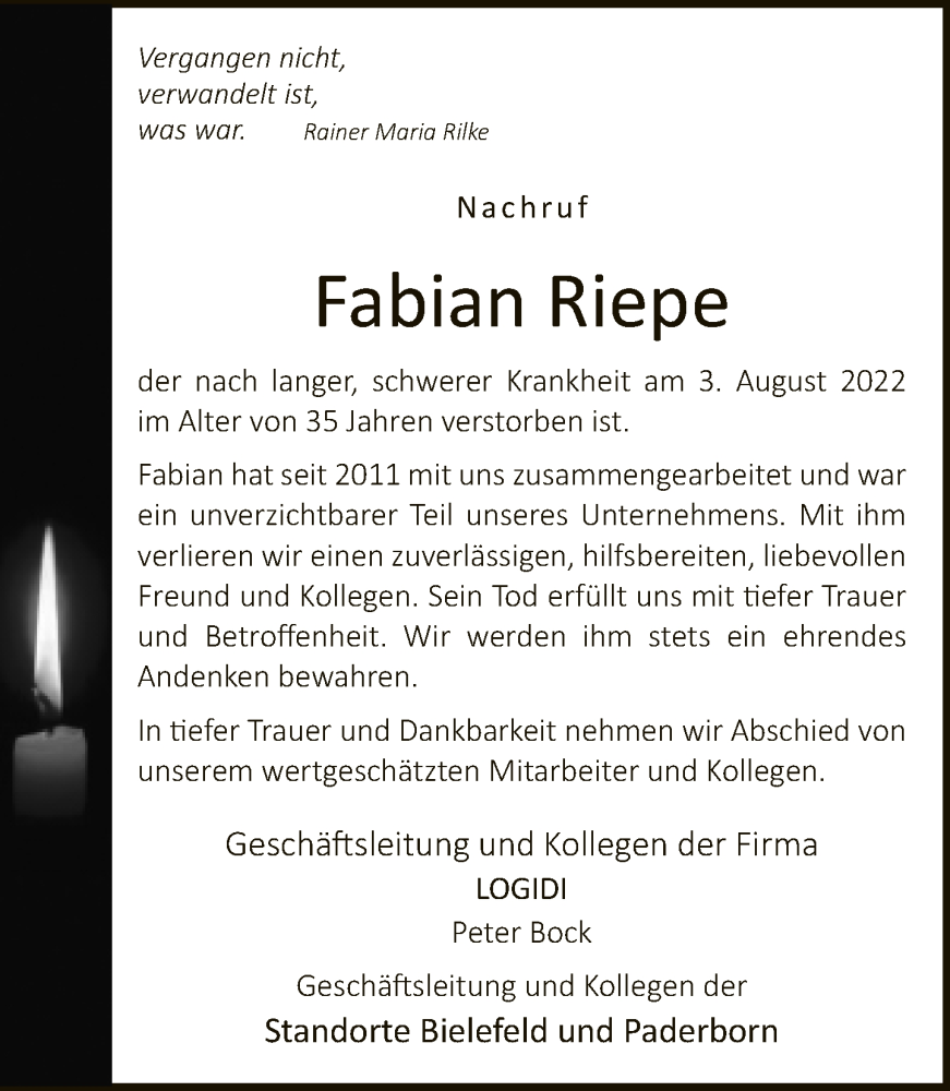  Traueranzeige für Fabian Riepe vom 12.08.2022 aus Neue Westfälische