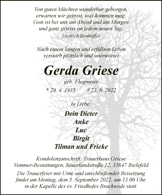Traueranzeige von Gerda Griese von Neue Westfälische