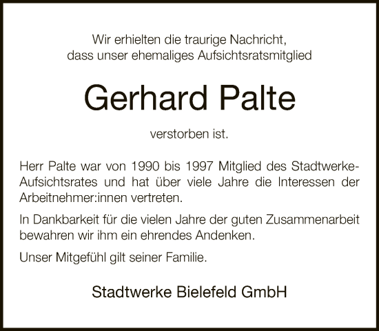 Traueranzeige von Gerhard Palte von Neue Westfälische