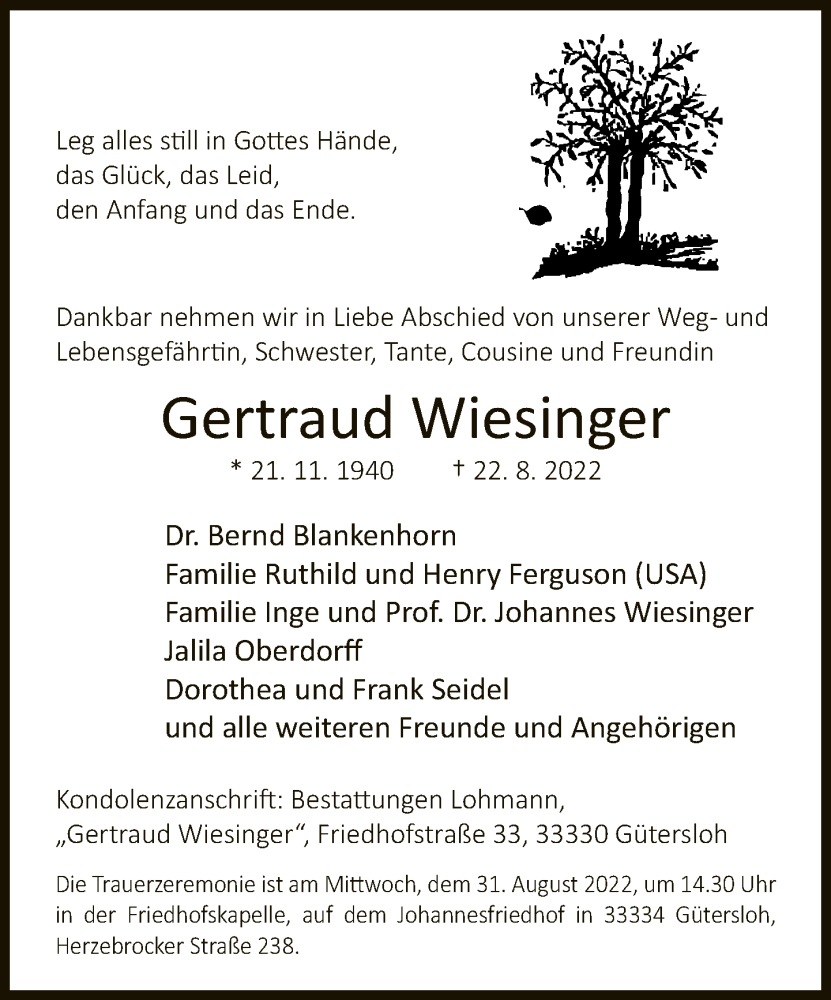  Traueranzeige für Gertraud Wiesinger vom 27.08.2022 aus Neue Westfälische
